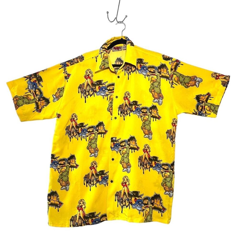 90s Vintage Up Rocs Men's Yellow Short Sleeve Button Up Shirt Size L Hip Hop